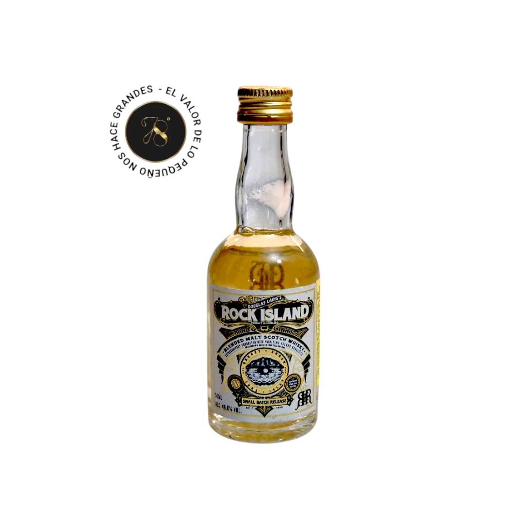 Mini Botella Whisky Rock Island 50mL - Botellita de licor en miniatura más caja premium y tarjeta impresa - Licor original - 78 Grados Deluxe - Mini Botellas Colombia