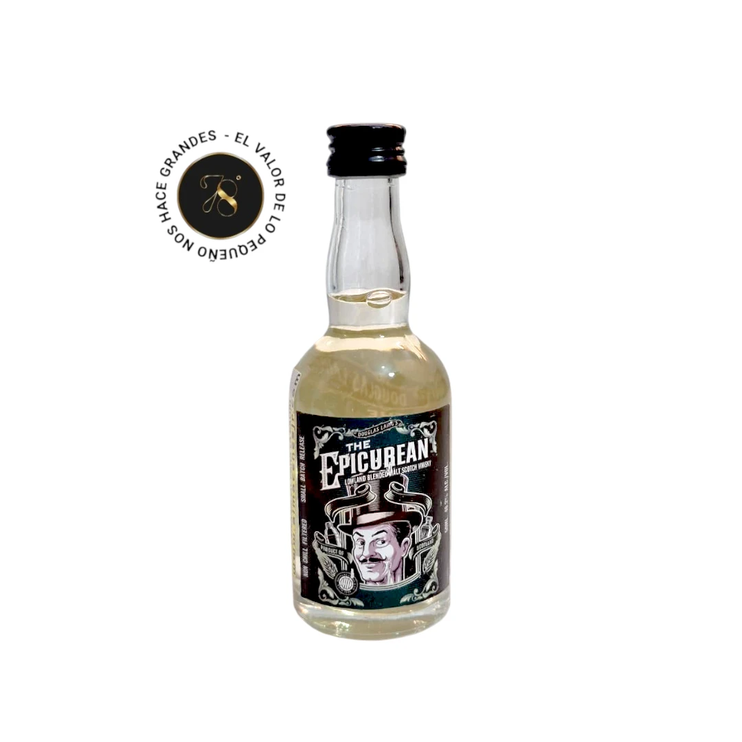 Mini Botella Whisky The Epicurean Blended Malt Island 50mL - Botellita de licor en miniatura más caja premium y tarjeta impresa - Licor original - 78 Grados Deluxe - Mini Botellas Colombia